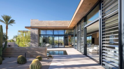 desert retreat with Bahama shutters in sun-reflective silver, designed to keep the interior cool and complement the modern architecture