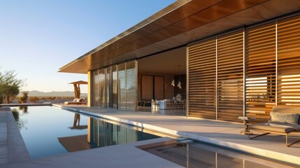 Fototapeta premium desert retreat with Bahama shutters featuring reflective surfaces to combat the intense sunlight and heat
