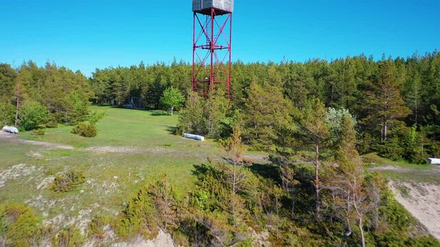 4K panoramic aerial video from flying drone to Panga coastal cliff and lighthouse , northern shore of Saaremaa island, near Kuressaare, Baltic Klint.Saaremaa , Estonia