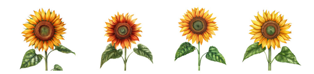 Obraz premium Four detailed illustrations of sunflowers with leaves, isolated on a transparent background, ideal for summer themes and nature-related design elements