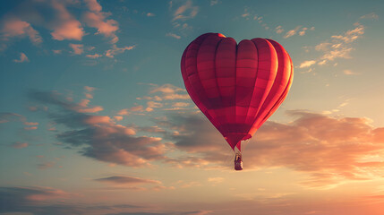 Obraz premium a single red balloon released into a cloudy sky,a red balloon floating high in a clear sky, red balloon and blue sky background with sun, symbol for joy and happiness 