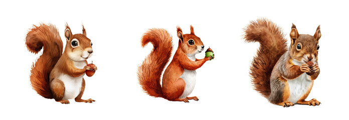 Three cute illustrated squirrels in various poses, holding nuts, isolated on transparent background, ideal for nature themes and autumnal holiday designs