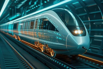 Naklejka premium A hightech banner showcasing a streamlined cyber train gliding through a holographic station with copy space