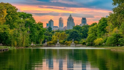 A stunning and serene park scene featuring a beautiful view of a vast green lawn, surrounded by lush trees and vibrant flowers.