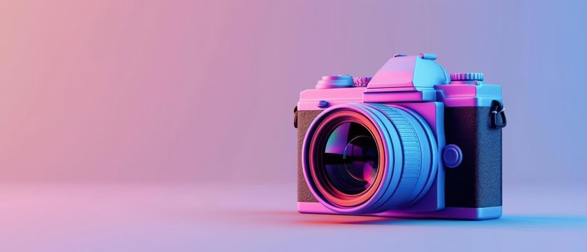 A hightech banner showcasing a modern digital camera with augmented reality viewfinder and minimalist design with copy space