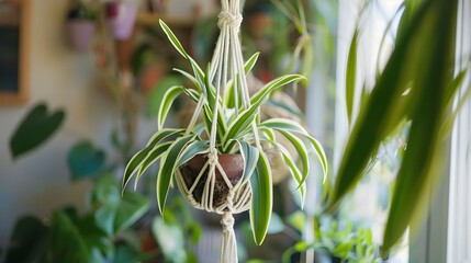 a spider plant hanging in a macrame plant holder