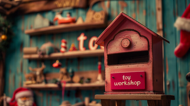 Vintage elves toy workshop sign festive Christmas decor warm cozy ambiance holiday Santa letter magic elf work shop factory north pole nostalgia banner