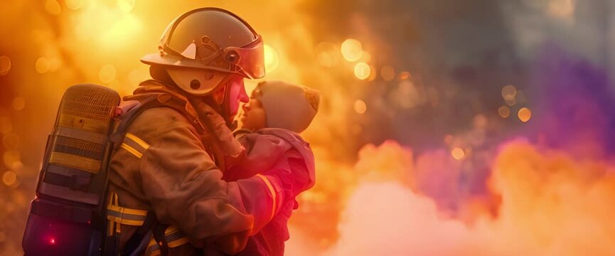 The firefighter is seen in a powerful position, holding a small child in their arms to protect them from the flames of a burning building. Their only concern is for the child's safety.