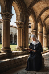 Naklejka premium Young nun reading holy book sitting in ancient monastery cloister