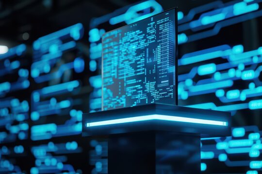 A hightech presentation venue with a holographic podium and interactive digital backdrops for an important event with copy space