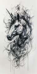 Fototapeta premium A beautifully detailed monochrome illustration of a unicorn with intricate swirling patterns and ethereal beauty.