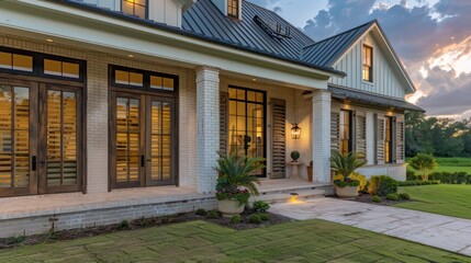 farmhouse with distressed Bahama shutters, adding a touch of rustic charm while enhancing the home's country feel