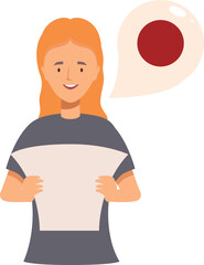 Woman learning japanese language, female student holding textbook and practicing speaking skills