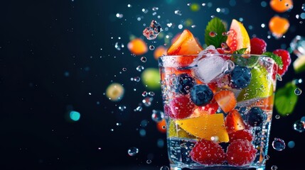 A lively beverage explosion featuring a mix of traditional and futuristic ingredients in a colorful array with copy space