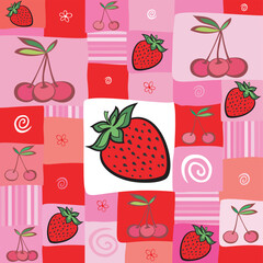 Seamless pink pattern with strawberries and cherries. Summer fruit illustration. Vector Illustration Healthy food. Top view, flat layout. Good for textile fabric design, wrapping paper, website wallpa