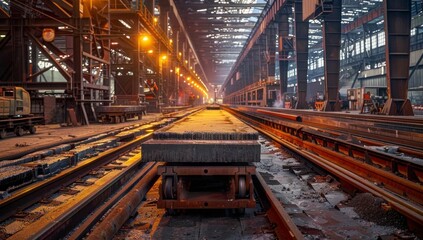 Industrial warehouse interior with warm lighting and metal tracks