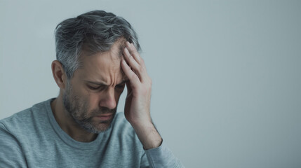 A mental health issues illness or migraine concept. Man holding head looking sad, despairing or distraught
