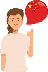 Young woman is showing her approval for china with a thumbs up