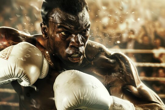 Intense Boxer Mid Punch with White Gloves in Action-Focused Boxing Match