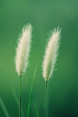 Two delicate white feather grass plumes against a vibrant green background. Minimalist nature photography with copy space.