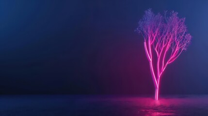 A minimalist cyber tree with glowing neon branches set against a sleek digital backdrop with copy space
