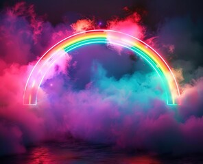 Neon Rainbow Arch Surrounded by Vibrant Clouds
