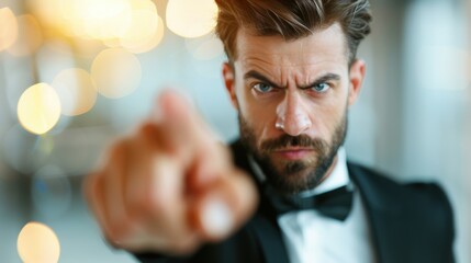 A confident tycoon making a decisive gesture during a business negotiation in an upscale office setting. The image provides plenty of blank space for adding custom annotations or corporate branding.