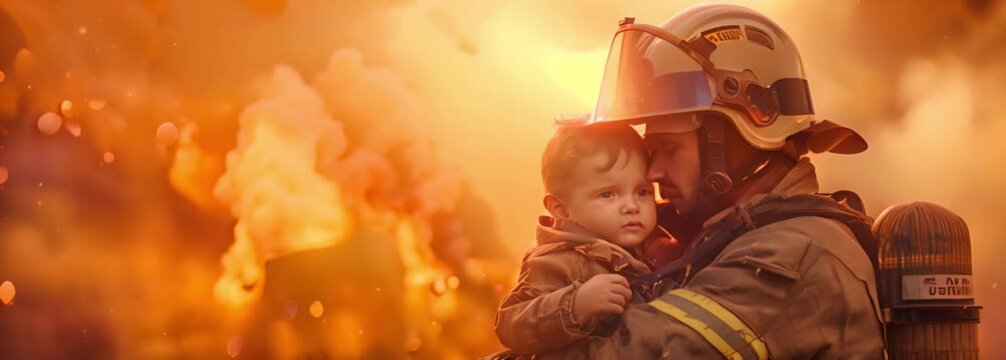 The firefighter is seen in a powerful position, holding a small child in their arms to protect them from the flames of a burning building. Their only concern is for the child's safety.