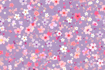 A delightful pattern of pink, white, and purple flowers scattered across a soft purple background, giving a cheerful spring vibe.