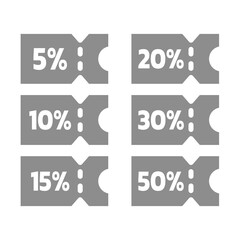 Discount coupon vector icon set. 5, 10, 20 percent off price voucher.