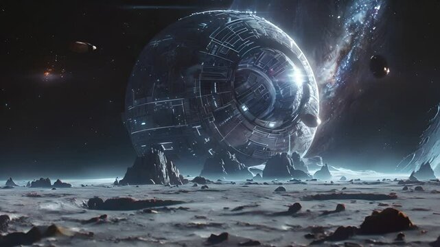 Futuristic massive spherical structure on an alien planet