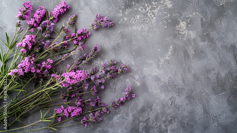 Sticker purple and pink statice flowers bouquet on gray background with space for text focused view