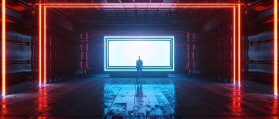 Obraz premium A sleek digital platform with a neonbordered blank advertisement slot in a futuristic environment with copy space