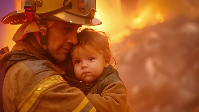 The firefighter is seen in a powerful position, holding a small child in their arms to protect them from the flames of a burning building. Their only concern is for the child's safety.