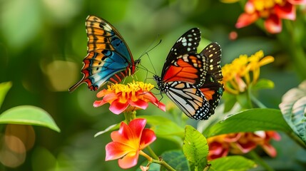 Fototapeta premium different species of butterflies sharing a flower
