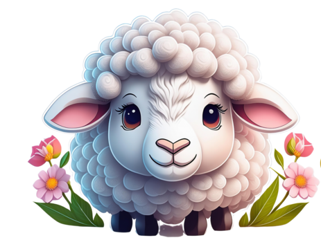 ute happy sheep and pink flower layered logo, white background