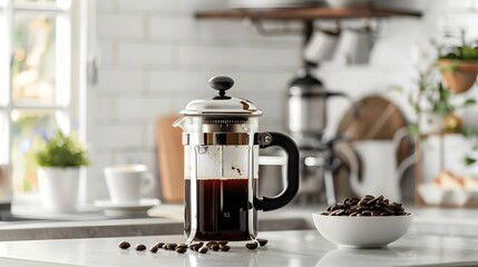 french press filled with fresh coffee on countertop 