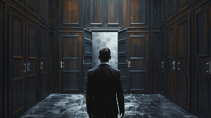 Businessman in uncertainty concept with many doors, 32k, full ultra hd, high resolution --ar 16:9
