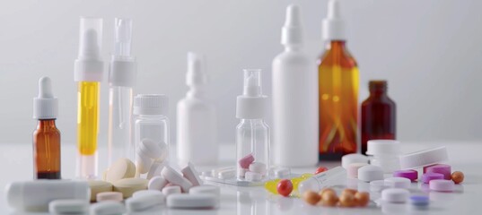 Various Allergy Medications Including Pills, Nasal Sprays, and Eye Drops on a White Background for Pharmaceutical Use