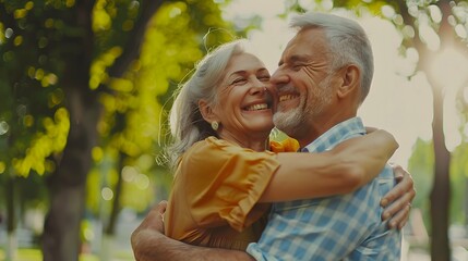 Obraz premium Happy smiling senior couple family hugging while walking in summer city park enjoying retirement and spending time together in nature. Romance, love. care and elderly people relationship concept