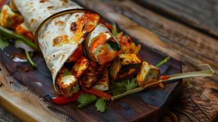 indian paneer tikka wrap on an earthen platter