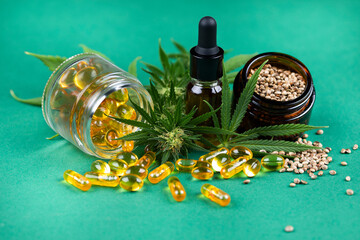Medical marijuana, Oil cbd, cannabis and hemp leaves