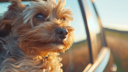 Charming dog look out open car window. Funny dog blows by wind from open car window during trip. Curious puppy is watching happening outside car, 32k, full ultra hd, high resolution --ar 16:9