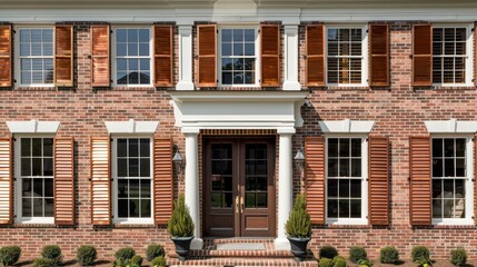 Naklejka premium historic brick mansion with custom copper Bahama shutters, enhancing the timeless elegance of the structure