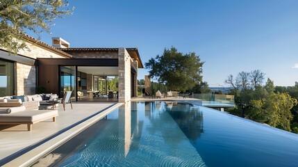 Fototapeta premium modern mediterranean house with infinity pool and outdoor lounge area