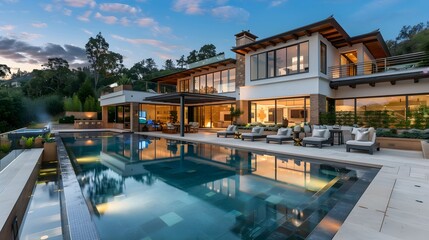Fototapeta premium modern mediterranean house with infinity pool and outdoor lounge area