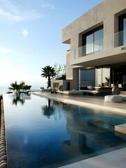 Fototapeta premium modern mediterranean house with infinity pool and outdoor lounge area 