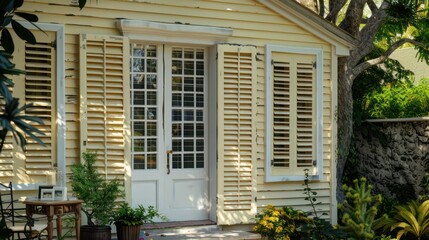 historic cottage with Bahama shutters in antique cream, blending old charm with new functionality in a quaint village setting