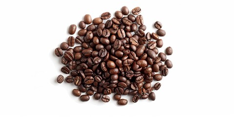 Obraz premium Pile of roasted coffee beans on a white background. Freshly roasted coffee beans isolated, top view. Concept of caffeine, aroma, energy, and beverage.