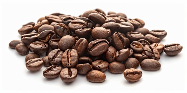Pile of roasted coffee beans on a white background. Freshly roasted Arabica coffee. Concept of caffeine, aroma, and taste